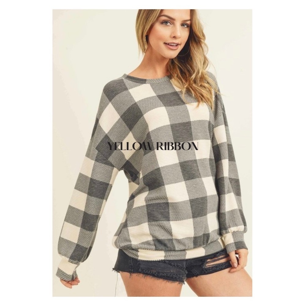 NEW Plaid Top Balloon Long Sleeves Top